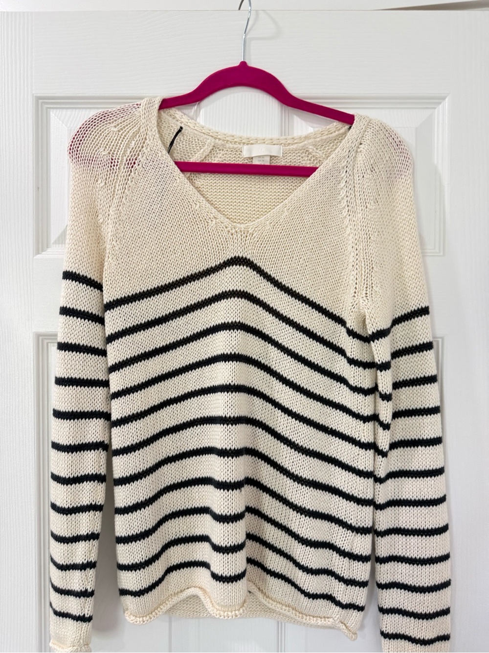 H&M Cream and Black Striped V-Neck Sweater